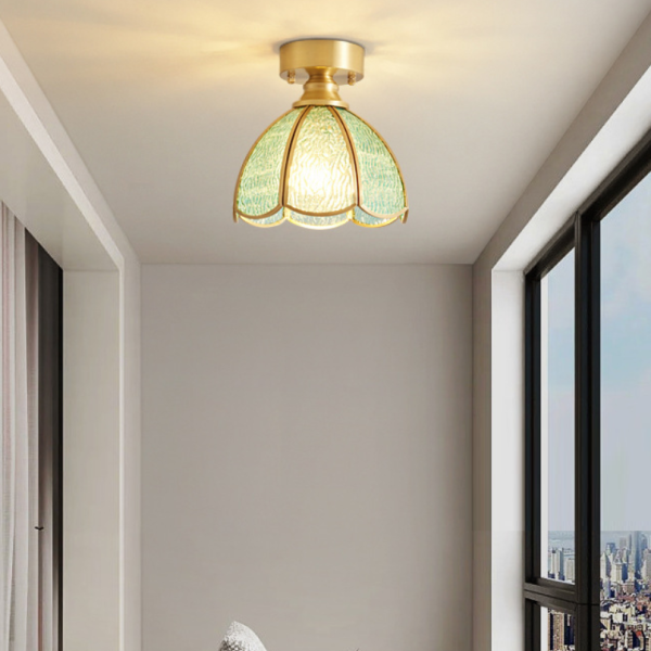 Traditional Vintage Round Leaf Umbrella Glass Copper 1-Light Semi-Flush Mount Ceiling Light For Living Room - Image 3