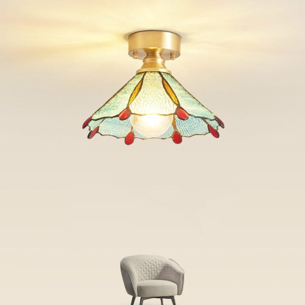 Traditional Vintage Round Leaf Umbrella Glass Copper 1-Light Semi-Flush Mount Ceiling Light For Living Room - Image 7