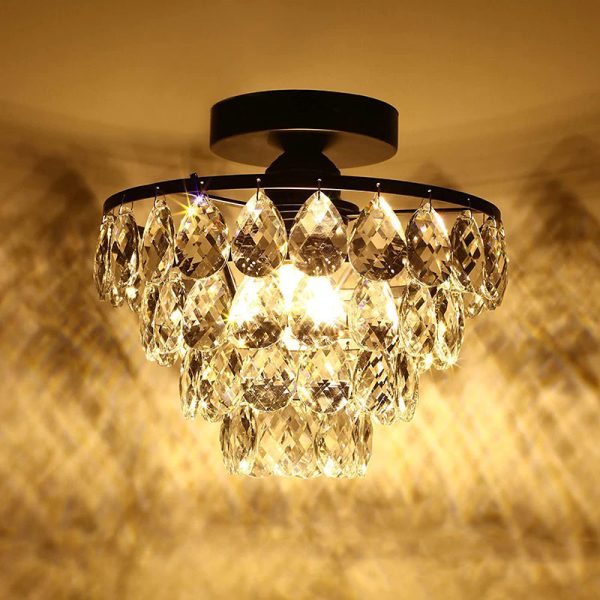 Contemporary Scandinavian Pendant Tapered Round Crystal Iron 1-Light Semi-Flush Mount Ceiling Light For Living Room - Image 3