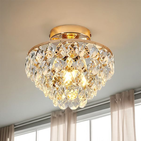 Contemporary Scandinavian Pendant Tapered Round Crystal Iron 1-Light Semi-Flush Mount Ceiling Light For Living Room - Image 6