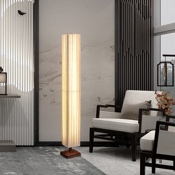 Traditional Japanese Column Rectangular Walnut Fabric LED Standing Floor Lamp For Living Room - Image 2