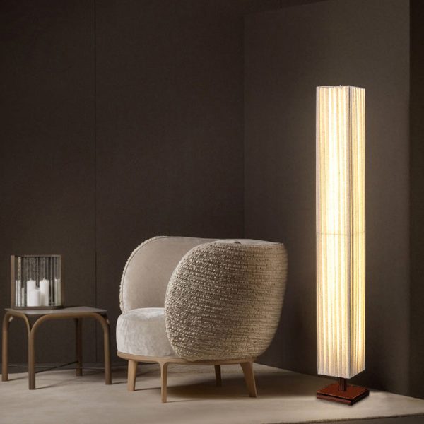 Traditional Japanese Column Rectangular Walnut Fabric LED Standing Floor Lamp For Living Room - Image 3