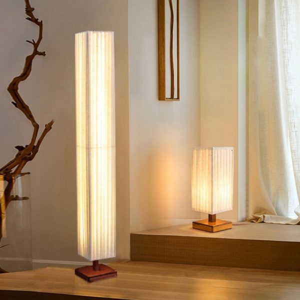 Traditional Japanese Column Rectangular Walnut Fabric LED Standing Floor Lamp For Living Room - Image 11