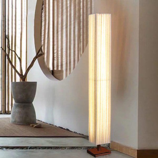 Traditional Japanese Column Rectangular Walnut Fabric LED Standing Floor Lamp For Living Room - Image 12