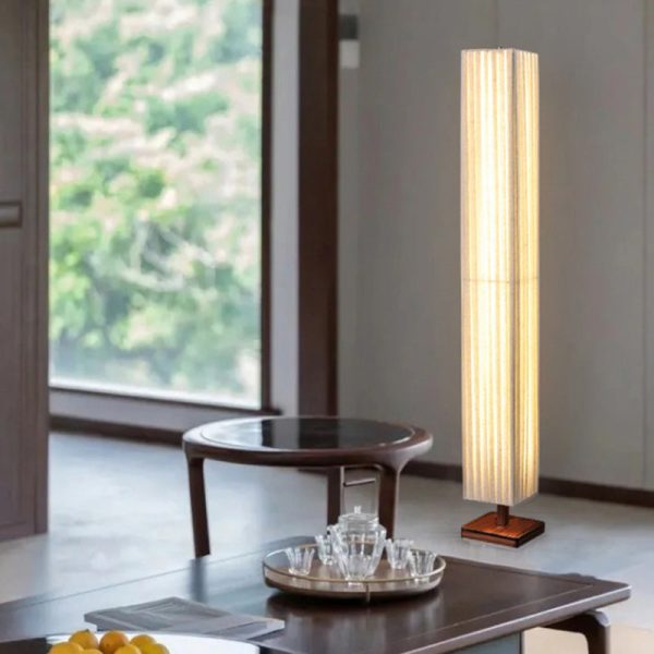 Traditional Japanese Column Rectangular Walnut Fabric LED Standing Floor Lamp For Living Room - Image 13