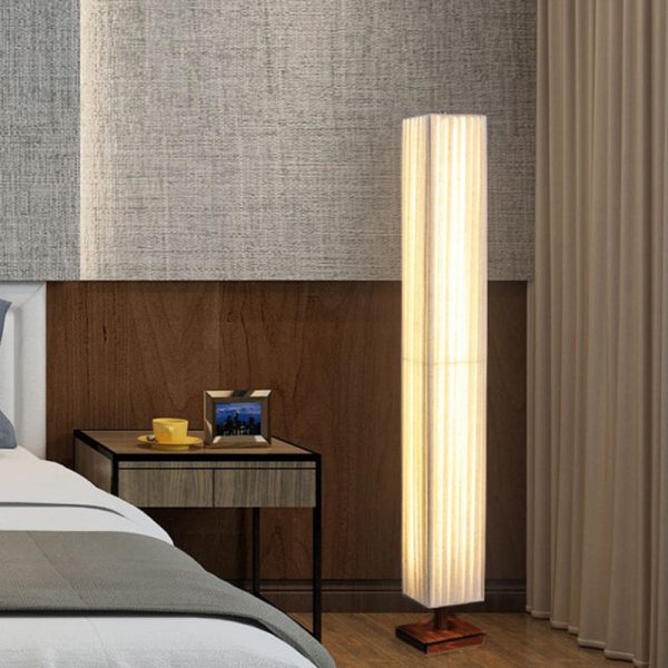 Traditional Japanese Column Rectangular Walnut Fabric LED Standing Floor Lamp For Living Room - Image 14