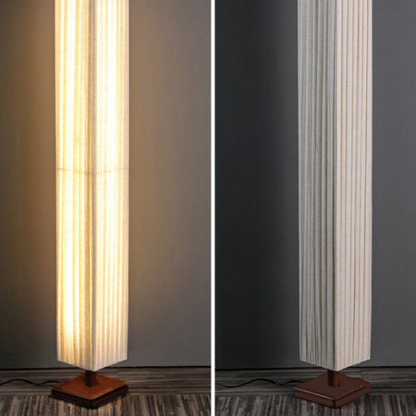 Traditional Japanese Column Rectangular Walnut Fabric LED Standing Floor Lamp For Living Room - Image 7