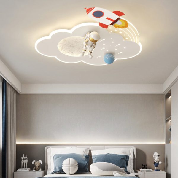 Modern Art Deco Kids Acrylic Metal Round Cloud Rocket Astronaut LED Flush Mount Ceiling Light For Bedroom