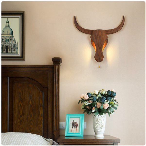 Traditional Rustic Solid Wood Cow Head LED Wall Sconce Lamp For Hallway - Image 2