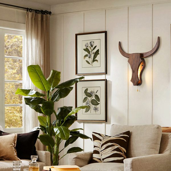 Traditional Rustic Solid Wood Cow Head LED Wall Sconce Lamp For Hallway - Image 3