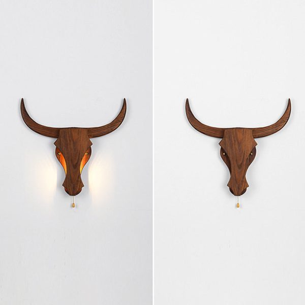 Traditional Rustic Solid Wood Cow Head LED Wall Sconce Lamp For Hallway - Image 9