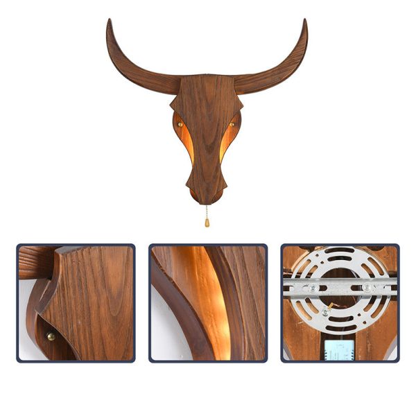Traditional Rustic Solid Wood Cow Head LED Wall Sconce Lamp For Hallway - Image 5