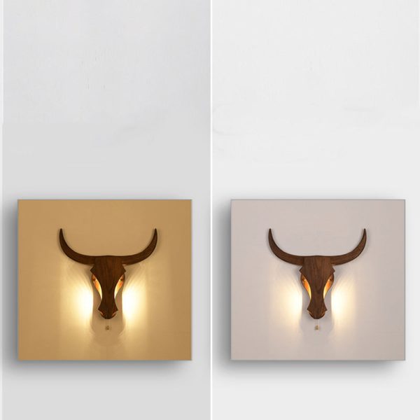 Traditional Rustic Solid Wood Cow Head LED Wall Sconce Lamp For Hallway - Image 8