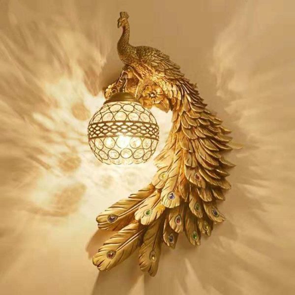 Traditional European Resin Crystal Peacock Ball 1-Light Wall Sconce Lamp For Hallway - Image 4