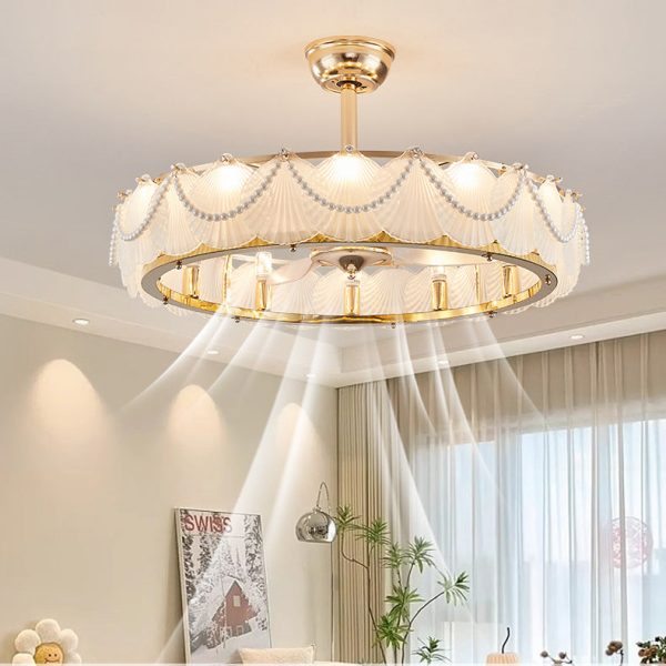Traditional French Metal Glass ABS Round Pearl Feather Shell 6/12/16 Light Semi-Flush Mount Ceiling Fan Light For Living Room - Image 5