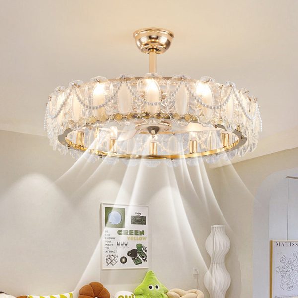 Traditional French Metal Glass ABS Round Pearl Feather Shell 6/12/16 Light Semi-Flush Mount Ceiling Fan Light For Living Room - Image 14