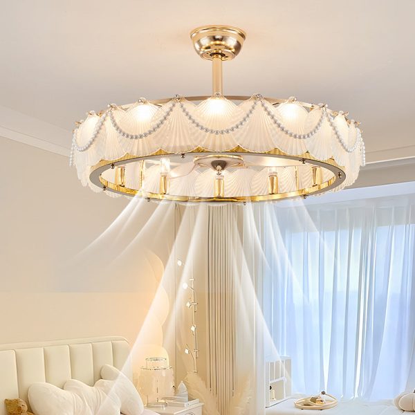 Traditional French Metal Glass ABS Round Pearl Feather Shell 6/12/16 Light Semi-Flush Mount Ceiling Fan Light For Living Room - Image 13