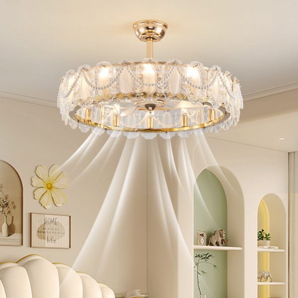 Traditional French Metal Glass ABS Round Pearl Feather Shell 6/12/16 Light Semi-Flush Mount Ceiling Fan Light For Living Room - Image 3
