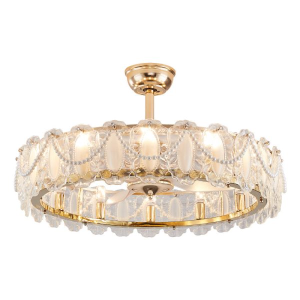 Traditional French Metal Glass ABS Round Pearl Feather Shell 6/12/16 Light Semi-Flush Mount Ceiling Fan Light For Living Room - Image 23