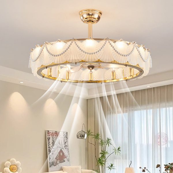 Traditional French Metal Glass ABS Round Pearl Feather Shell 6/12/16 Light Semi-Flush Mount Ceiling Fan Light For Living Room - Image 2
