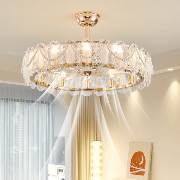 Traditional French Metal Glass ABS Round Pearl Feather Shell 6/12/16 Light Semi-Flush Mount Ceiling Fan Light For Living Room - Image 15