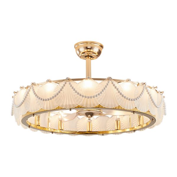 Traditional French Metal Glass ABS Round Pearl Feather Shell 6/12/16 Light Semi-Flush Mount Ceiling Fan Light For Living Room - Image 22