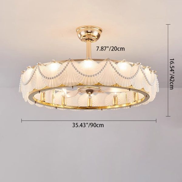 Traditional French Metal Glass ABS Round Pearl Feather Shell 6/12/16 Light Semi-Flush Mount Ceiling Fan Light For Living Room - Image 8