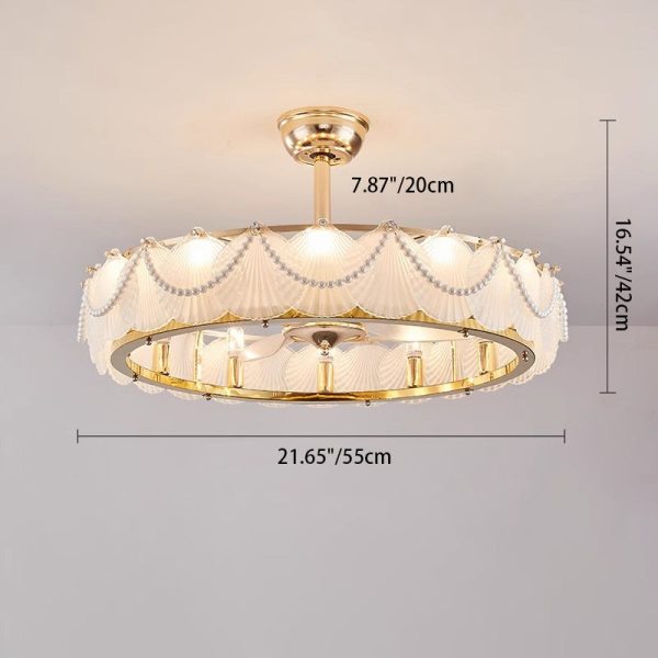 Traditional French Metal Glass ABS Round Pearl Feather Shell 6/12/16 Light Semi-Flush Mount Ceiling Fan Light For Living Room - Image 6