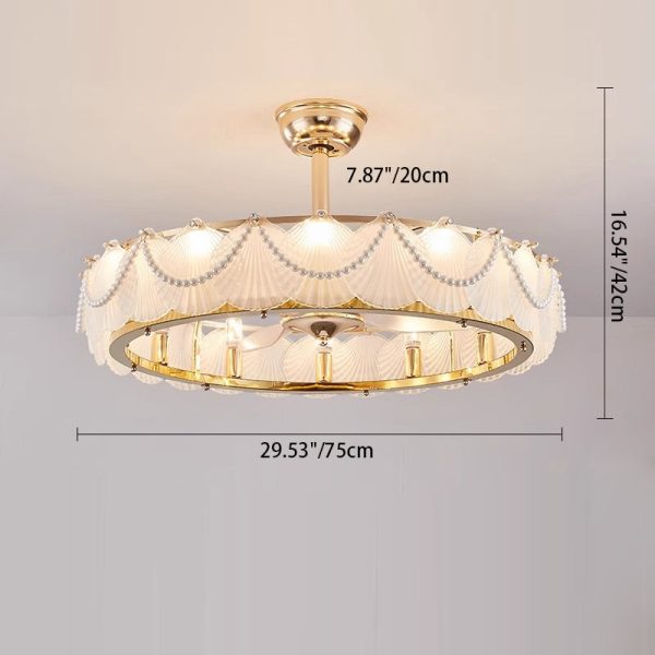 Traditional French Metal Glass ABS Round Pearl Feather Shell 6/12/16 Light Semi-Flush Mount Ceiling Fan Light For Living Room - Image 7