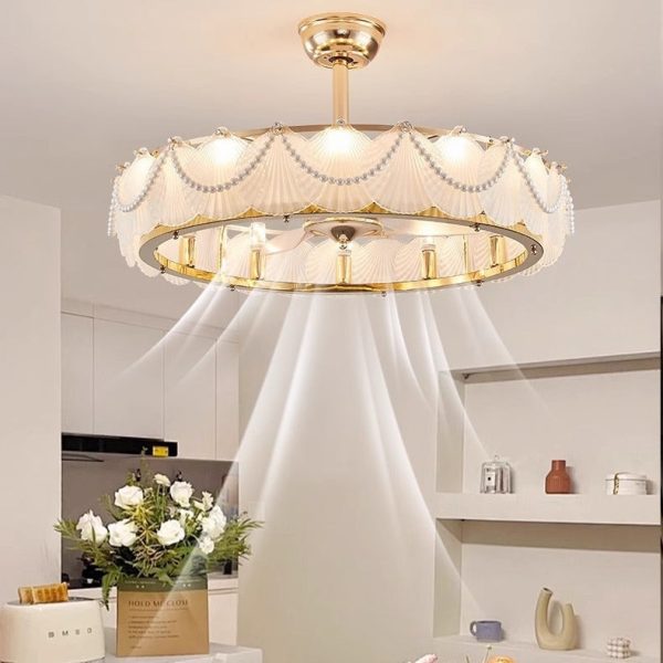 Traditional French Metal Glass ABS Round Pearl Feather Shell 6/12/16 Light Semi-Flush Mount Ceiling Fan Light For Living Room - Image 4
