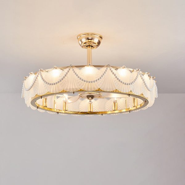 Traditional French Metal Glass ABS Round Pearl Feather Shell 6/12/16 Light Semi-Flush Mount Ceiling Fan Light For Living Room - Image 16
