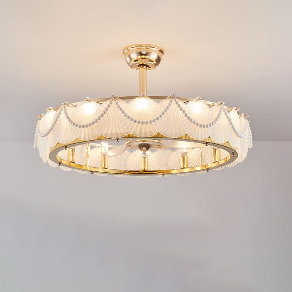 Traditional French Metal Glass ABS Round Pearl Feather Shell 6/12/16 Light Semi-Flush Mount Ceiling Fan Light For Living Room - Image 17