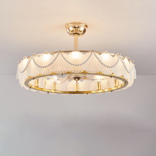 Traditional French Metal Glass ABS Round Pearl Feather Shell 6/12/16 Light Semi-Flush Mount Ceiling Fan Light For Living Room - Image 18