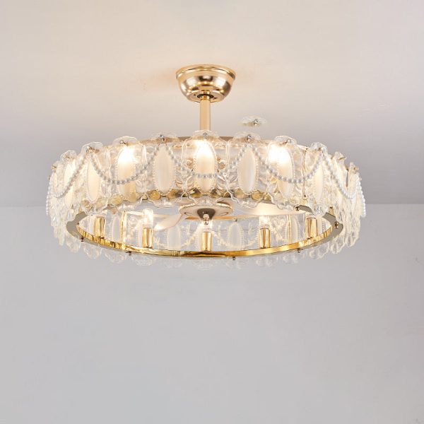 Traditional French Metal Glass ABS Round Pearl Feather Shell 6/12/16 Light Semi-Flush Mount Ceiling Fan Light For Living Room - Image 19