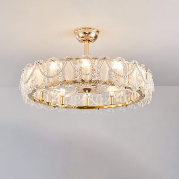 Traditional French Metal Glass ABS Round Pearl Feather Shell 6/12/16 Light Semi-Flush Mount Ceiling Fan Light For Living Room - Image 20