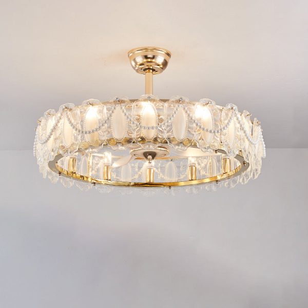 Traditional French Metal Glass ABS Round Pearl Feather Shell 6/12/16 Light Semi-Flush Mount Ceiling Fan Light For Living Room - Image 21