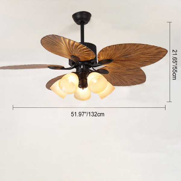 Contemporary Retro Alloy ABS Copper Glass Bell Palm-Leaf 3/5 Light Downrods Ceiling Fan Light For Living Room - Image 7