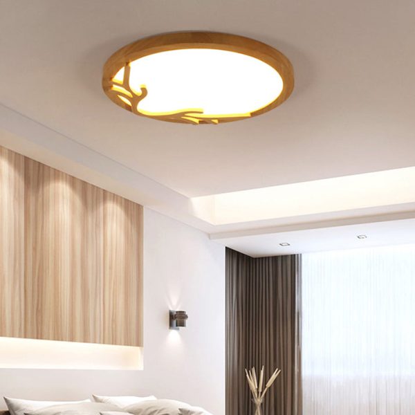 Traditional Rustic Metal Rubber Wood Acrylic Round Deer Horn LED Flush Mount Ceiling Light For Bedroom - Image 4