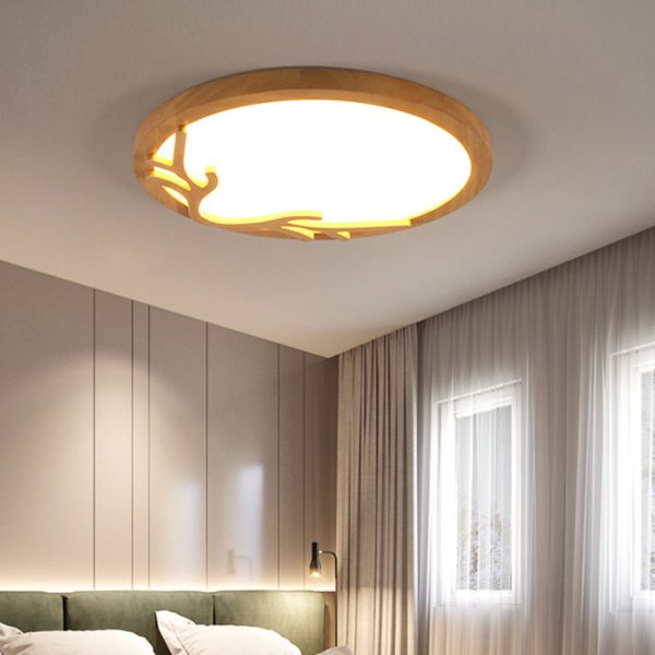 Traditional Rustic Metal Rubber Wood Acrylic Round Deer Horn LED Flush Mount Ceiling Light For Bedroom - Image 3