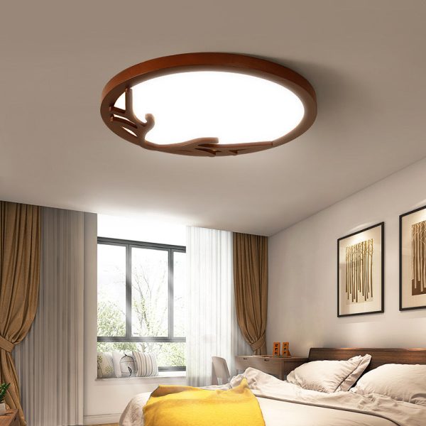 Traditional Rustic Metal Rubber Wood Acrylic Round Deer Horn LED Flush Mount Ceiling Light For Bedroom - Image 2