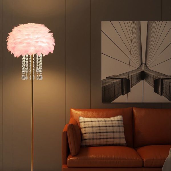 Contemporary Nordic Iron Feather Crystal Oval 1-Light Standing Floor Lamp For Living Room - Image 14