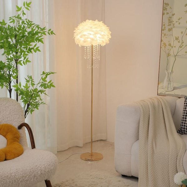Contemporary Nordic Iron Feather Crystal Oval 1-Light Standing Floor Lamp For Living Room - Image 4