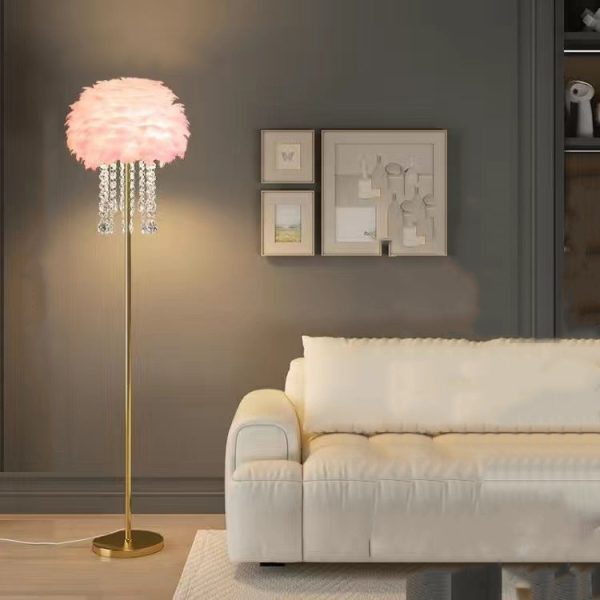Contemporary Nordic Iron Feather Crystal Oval 1-Light Standing Floor Lamp For Living Room - Image 15