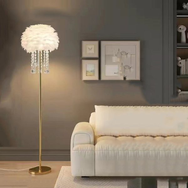 Contemporary Nordic Iron Feather Crystal Oval 1-Light Standing Floor Lamp For Living Room - Image 13