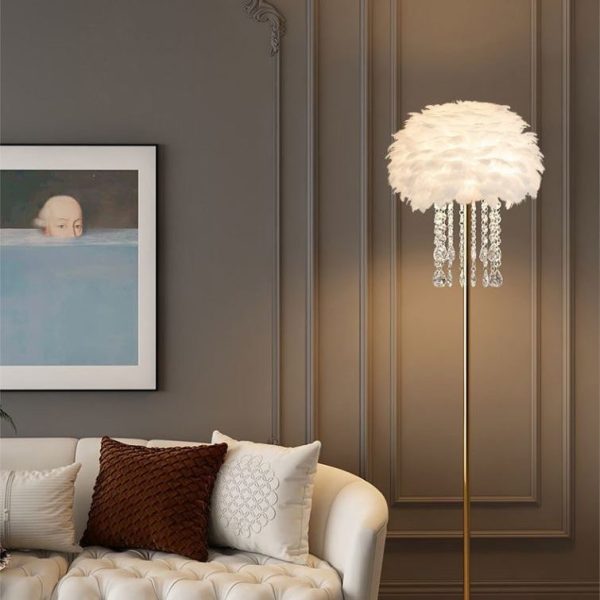 Contemporary Nordic Iron Feather Crystal Oval 1-Light Standing Floor Lamp For Living Room - Image 16