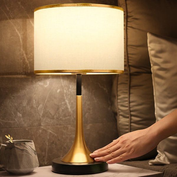 Contemporary Retro Fabric Metal Cylinder Touch Sensor Dimmable 1-Light Table Lamp For Bedside - Image 5