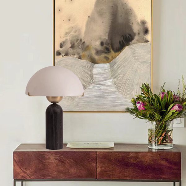 Contemporary Scandinavian Travertine Marble Glass Resin Dome Cylinder 1-Light Table Lamp For Bedside - Image 4