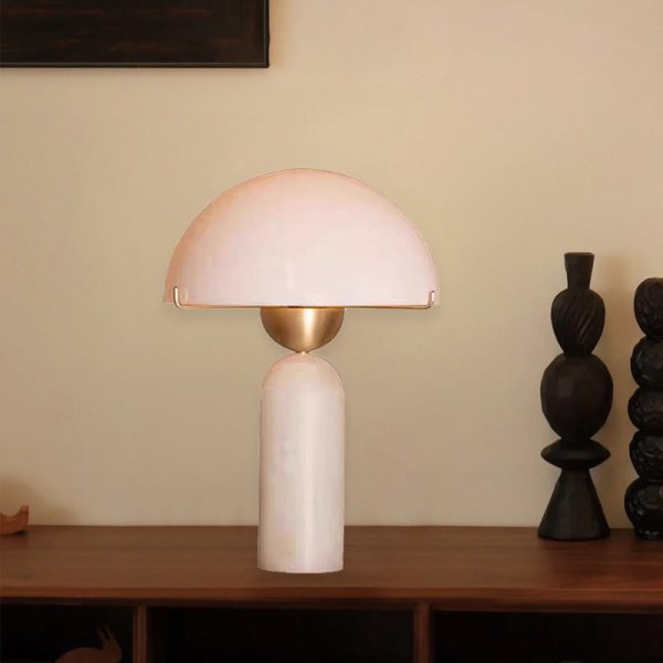 Contemporary Scandinavian Travertine Marble Glass Resin Dome Cylinder 1-Light Table Lamp For Bedside - Image 5