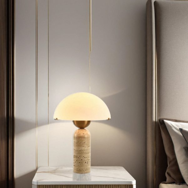 Contemporary Scandinavian Travertine Marble Glass Resin Dome Cylinder 1-Light Table Lamp For Bedside - Image 2