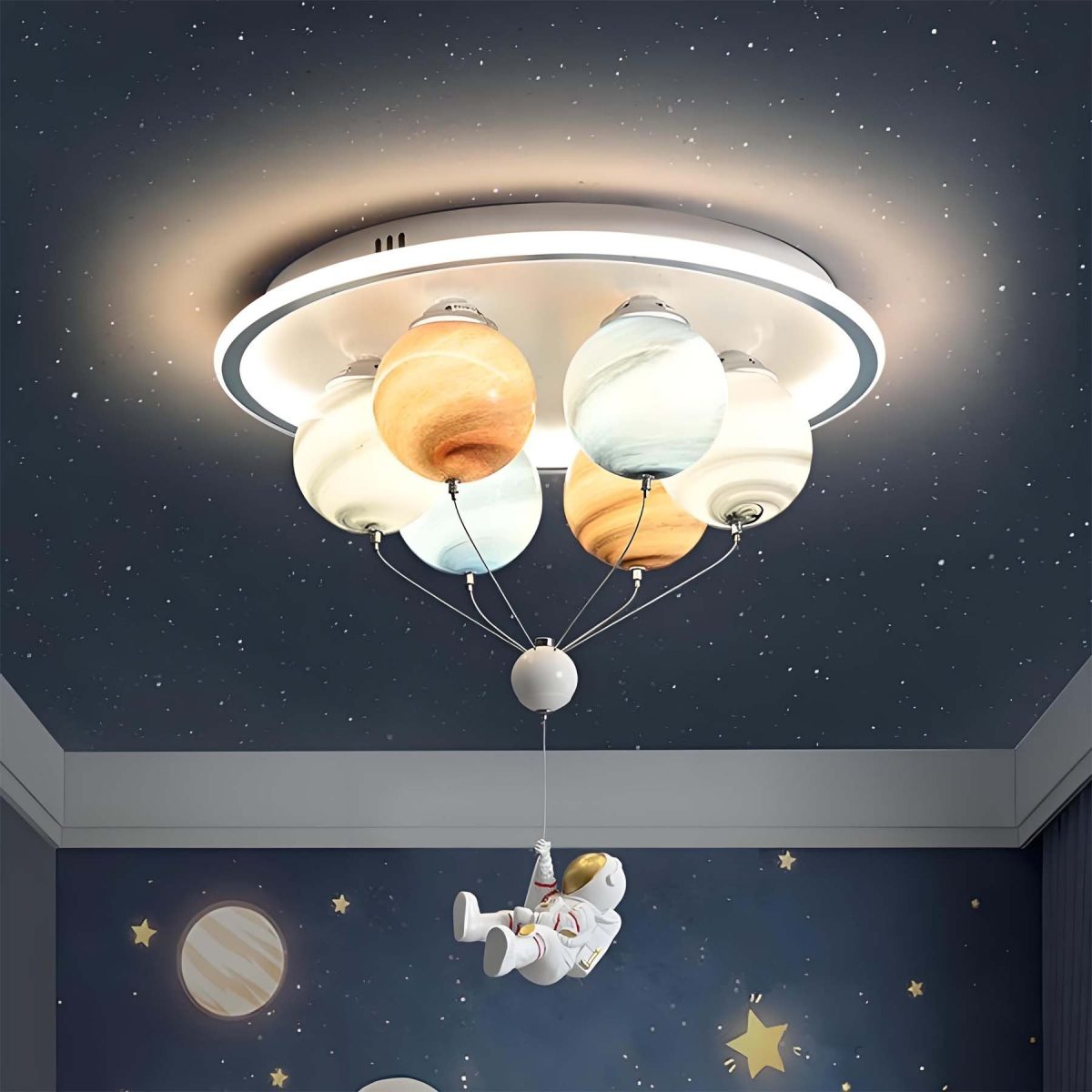 Contemporary Creative Kids Planet Space Hot Air Balloon Astronaut Iron Resin Glass 6-Light LED Semi-Flush Mount Ceiling Light For Bedroom - Image 1